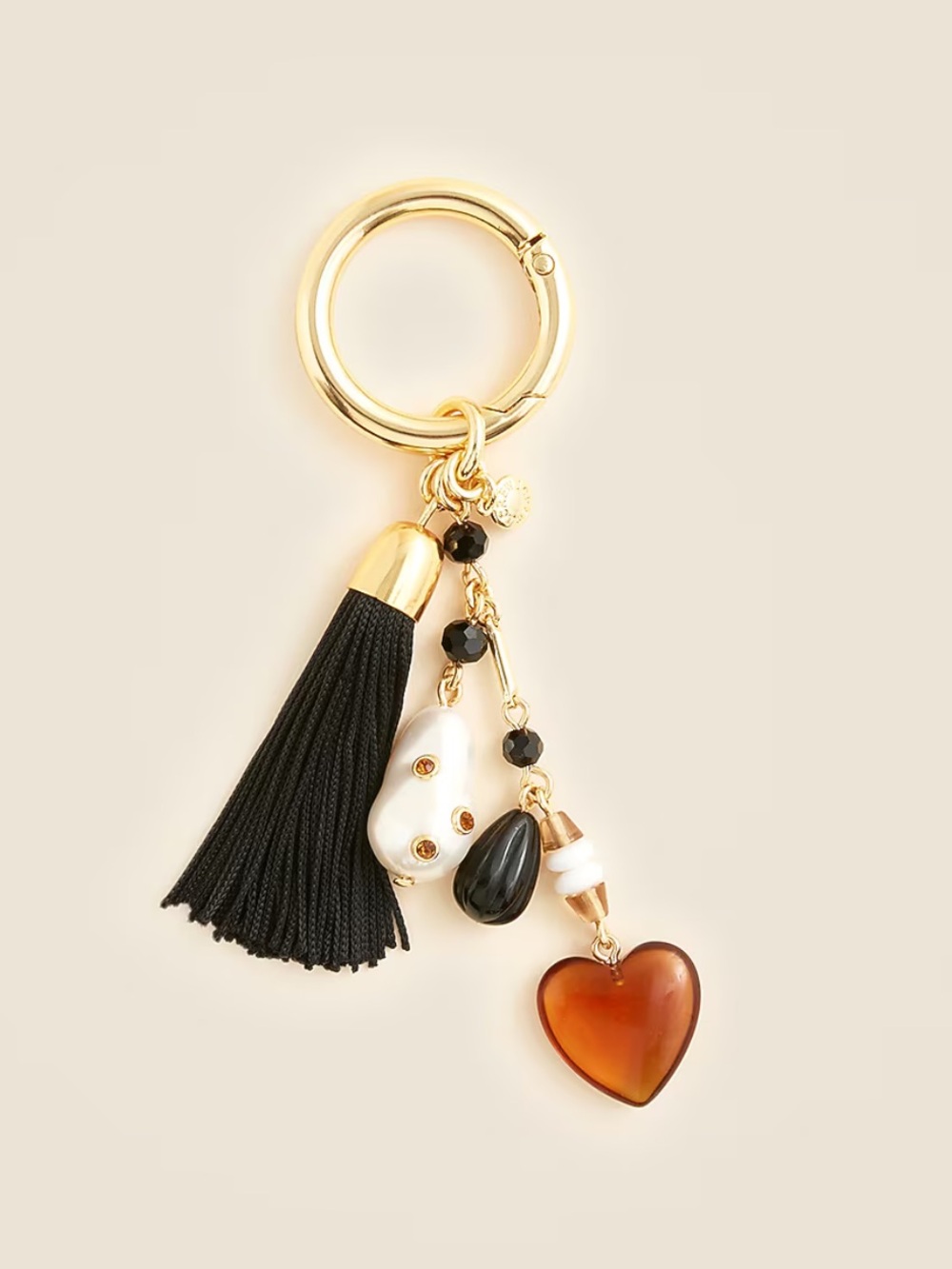 J. Crew Gold Keyring with Black Tassel, Pearl & Brown Heart Charm
